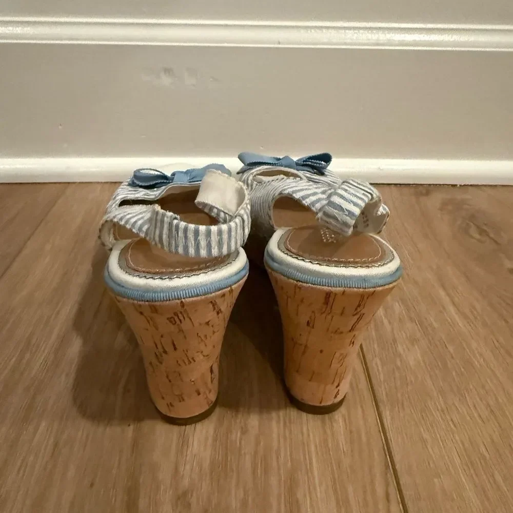 Sperry Blue and White Nautical Wedge Sandals with bows